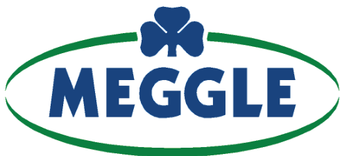 A blue and green logo featuring a stylized four-leaf clover above the word 'MEGGLE' in bold capital letters, set within an oval outline, representing the brand identity in the document.