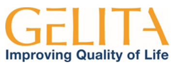 A logo with the text 'GELITA Improving Quality of Life' in orange and dark blue, enclosed within a figure-shaped graphic, positioned on page 1 of the document.